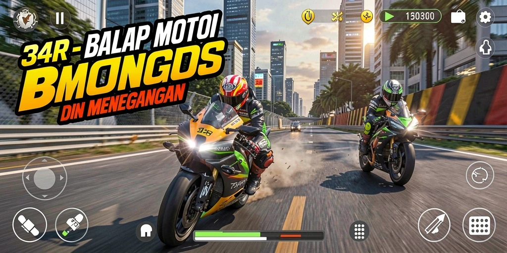 Screenshot gameplay 34R dengan aksi balap motor yang mendebarkan.