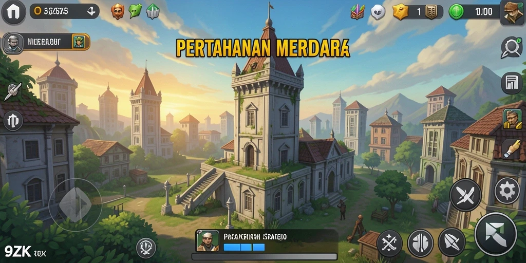 Screenshot gameplay 9ZK menampilkan pertahanan menara yang strategis.