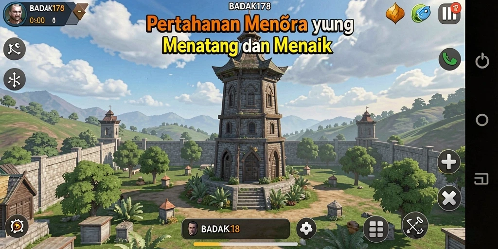 Tampilan gameplay BADAK178 dengan menara berperang melawan musuh.