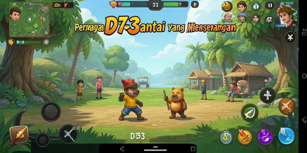 Tampilan gameplay D73 yang ceria dan penuh warna.