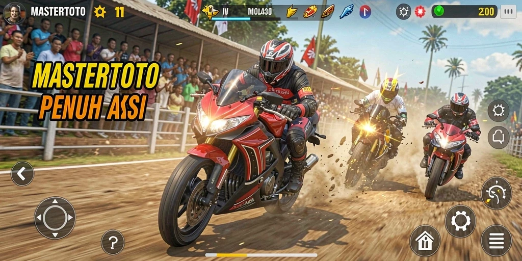 Tangkapan layar utama MASTERTOTO menampilkan aksi balapan motor yang seru.
