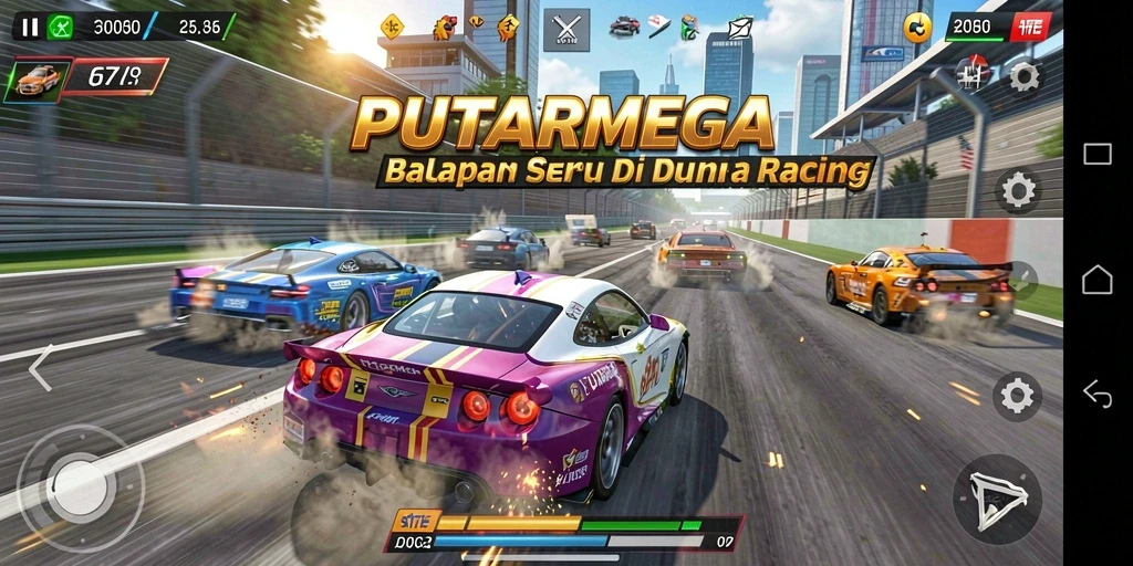 Gameplay balapan seru di PUTARMEGA dengan mobil dan trek menantang.
