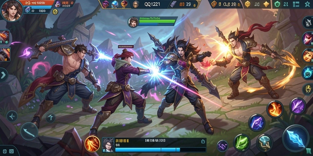 Tampilan gameplay seru dari QQ1221 dengan pertarungan epik di arena.