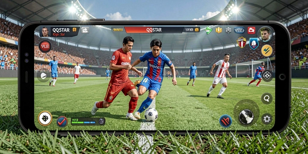 Tampilan gameplay seru dari QQSTAR dengan aksi sepak bola penuh semangat.