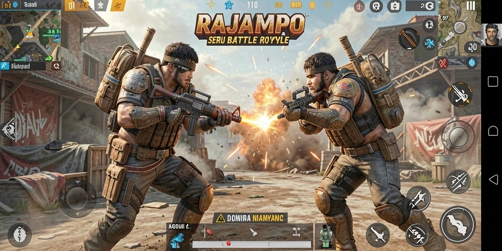Tampilan seru gameplay RAJAMPO dalam pertempuran Battle Royale.