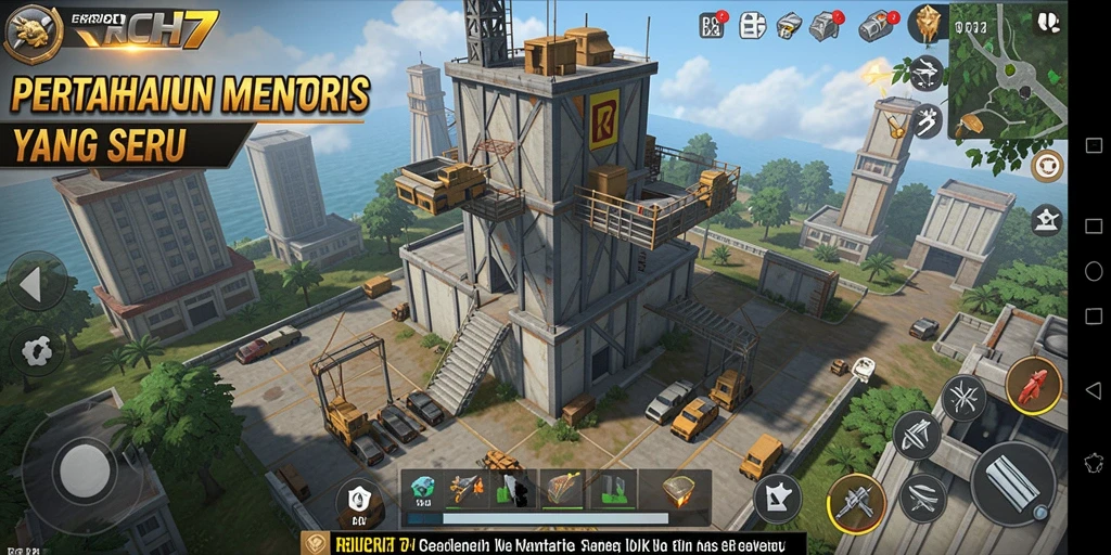 Tampilan gameplay RICH7 menampilkan pertarungan menara yang mendebarkan.