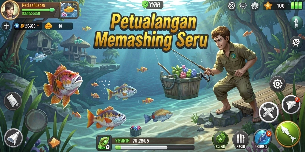 Tampilan gameplay seru dalam game Fishing YYRR yang menampilkan aksi memancing.